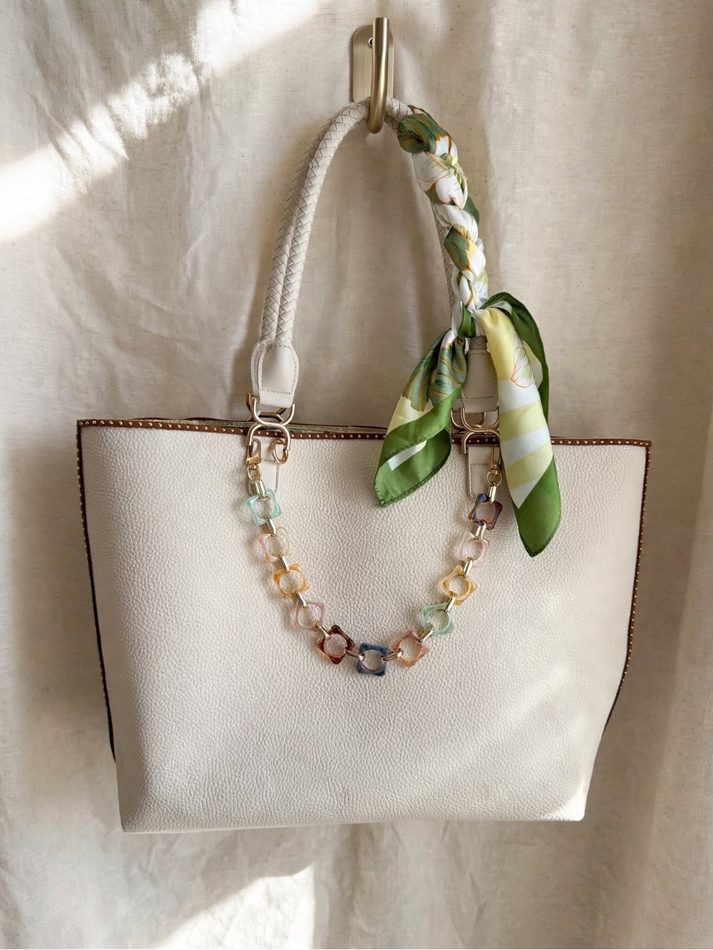 Fashion Nova Cream Tote with Green Scarf and Multicolor Chain